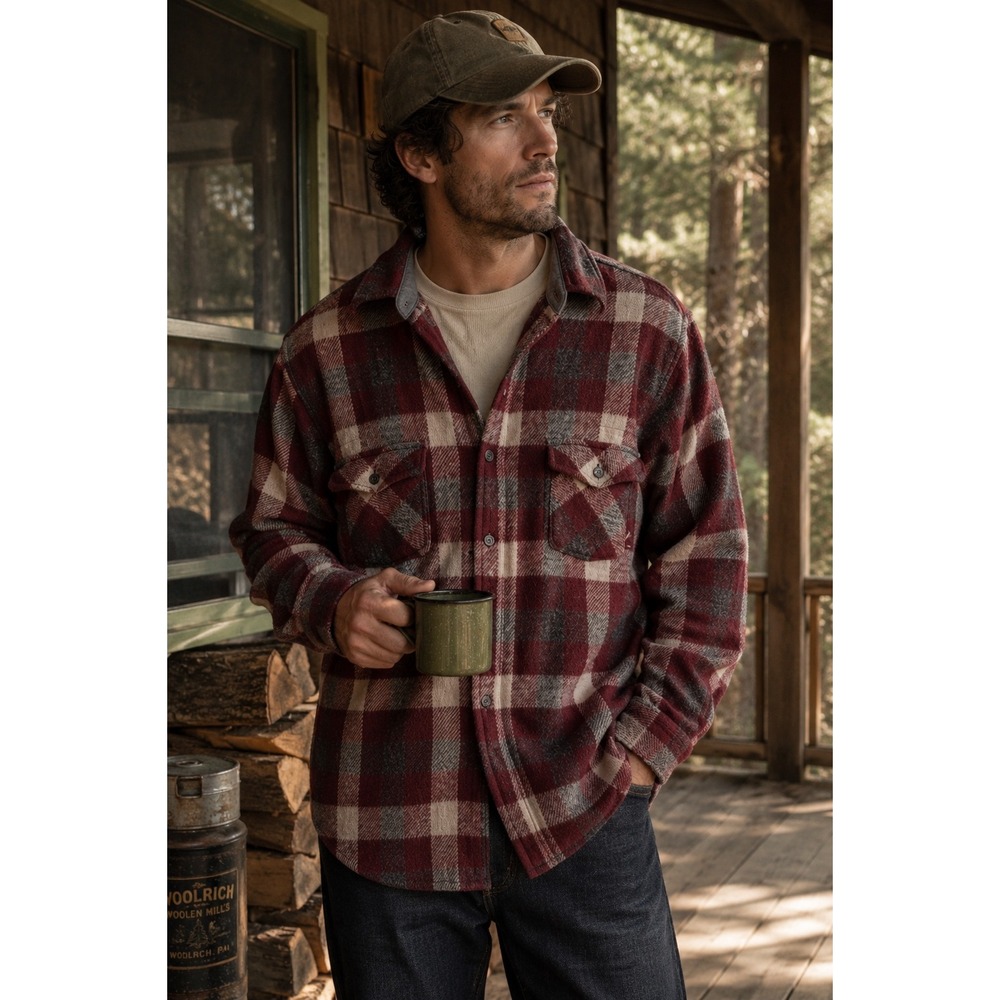 Vintage Woolrich USA Wool‎ Plaid Jac Shirt Jacket Burgundy Gray XL LONG 80s 90s